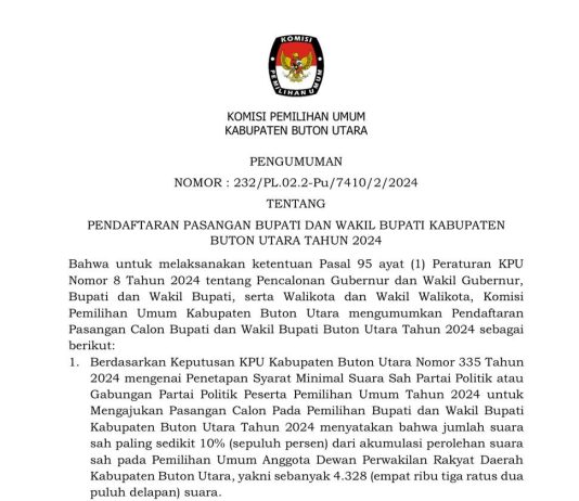 Pengumunan Jadwal Pendaftaran Pasangan Calon Bupati dan Wakil Bupati Buton Utara Pilkada 2024