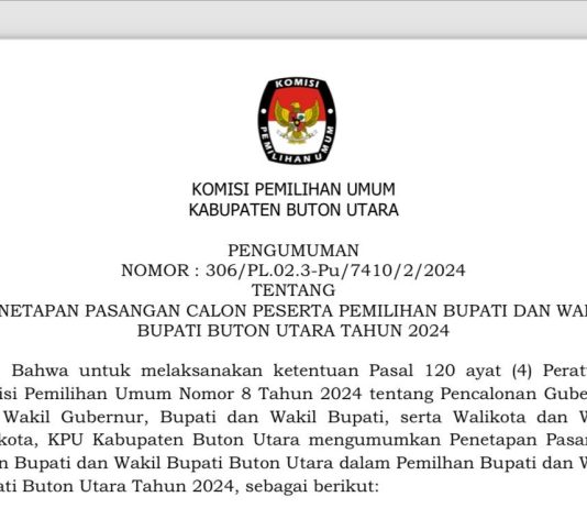 Pengumuman Tentang Penetapan Pasangan Calon Peserta Pemilihan Bupati dan Wakil Bupati Buton Utara Tahun 2024